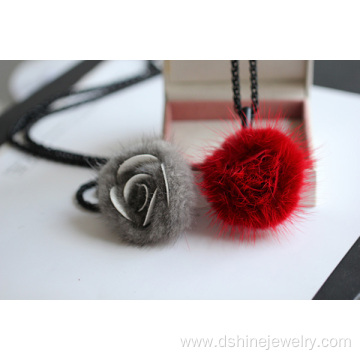 Rose Shape Fur POM POM Necklace Long Chain Necklace For Lady